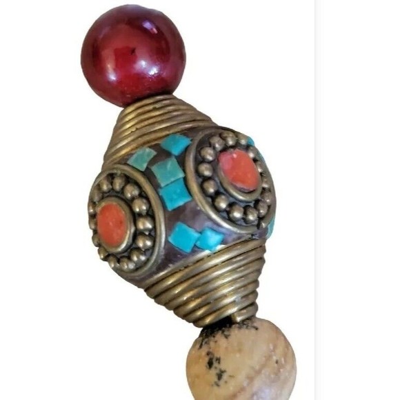 Huge Quartz Crystal Copper Wire Wrap Jasper Coral Turquoise Inlay Bead Necklace - Picture 2 of 6